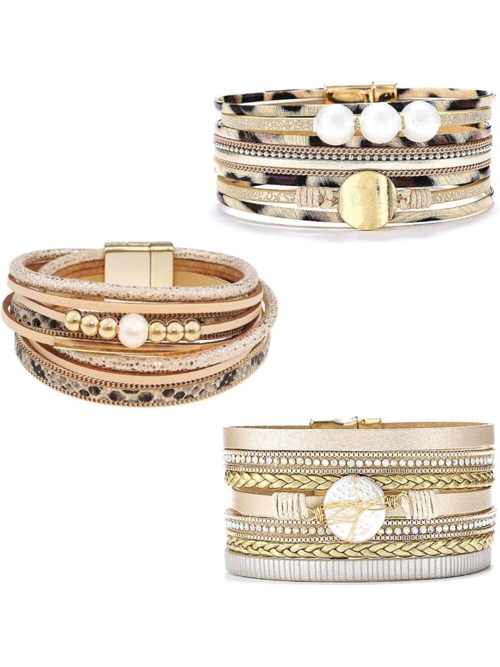 Stylish 3-Pack Leather Cuff Bracelets Set | Multilayer Wrap, Crystal & Feather